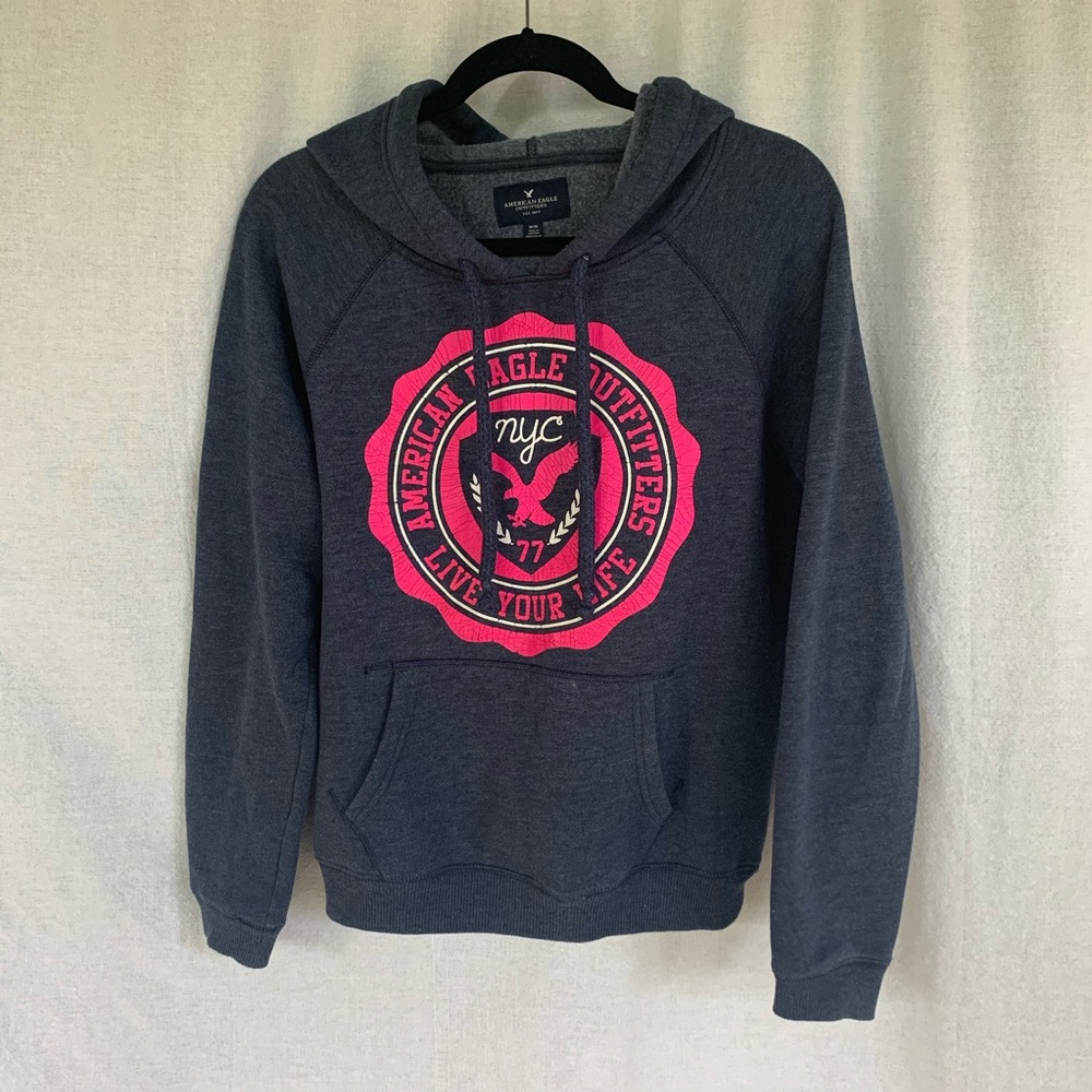 Grey American Eagle Hoodie With Pink Logo